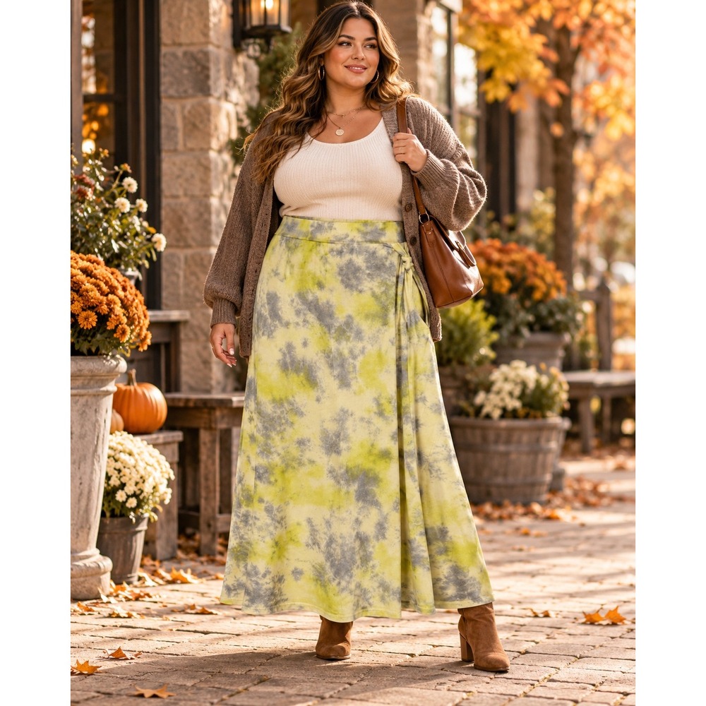 Women 2X Tie Dye Midi Skirt NWT Yellow Gray Boho A-Line Stretch Pockets